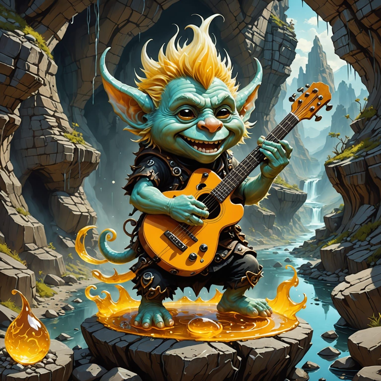 Punk Troll in Amber Droplet: Surreal Digital Art