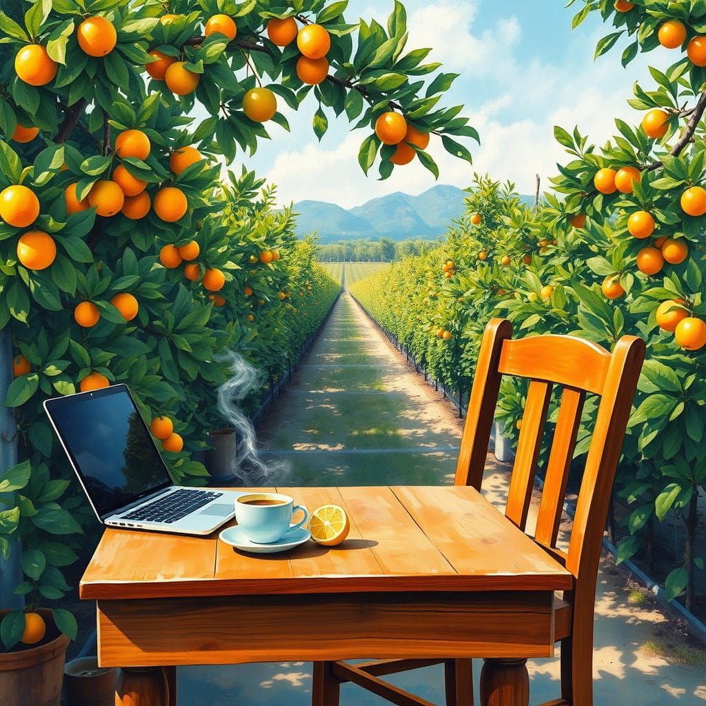 Serene Scene of a Wooden Coffee Table Amidst a Lush Citrus G...