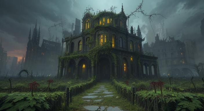 Zombie in Overgrown City: Detailed Matte Painting