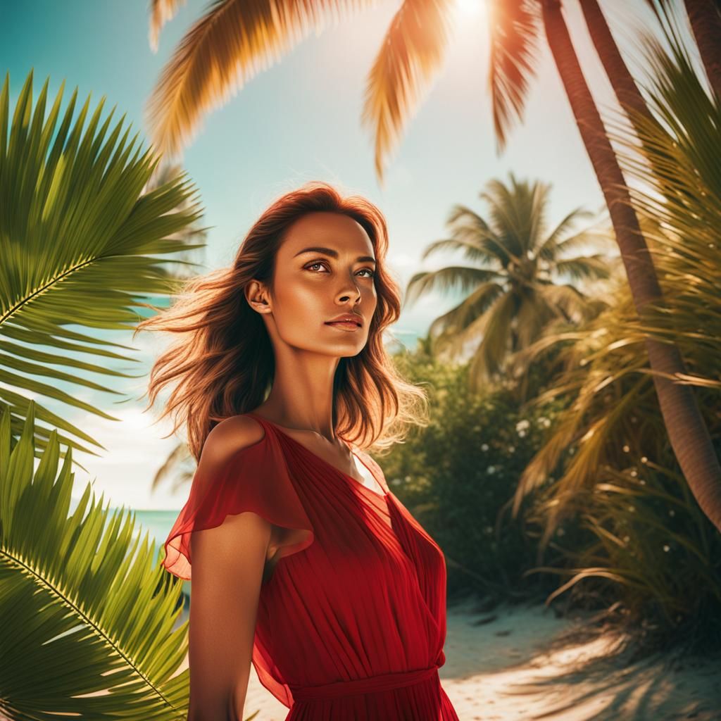 Young Woman in Red Dress on Tropical Beach