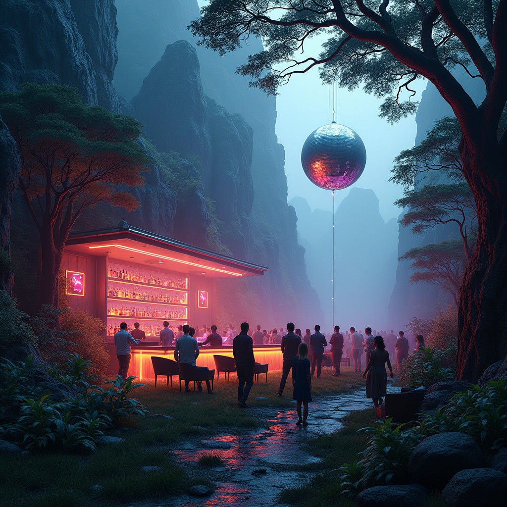 Mountainside Techno Party in Hyperdetailed Style