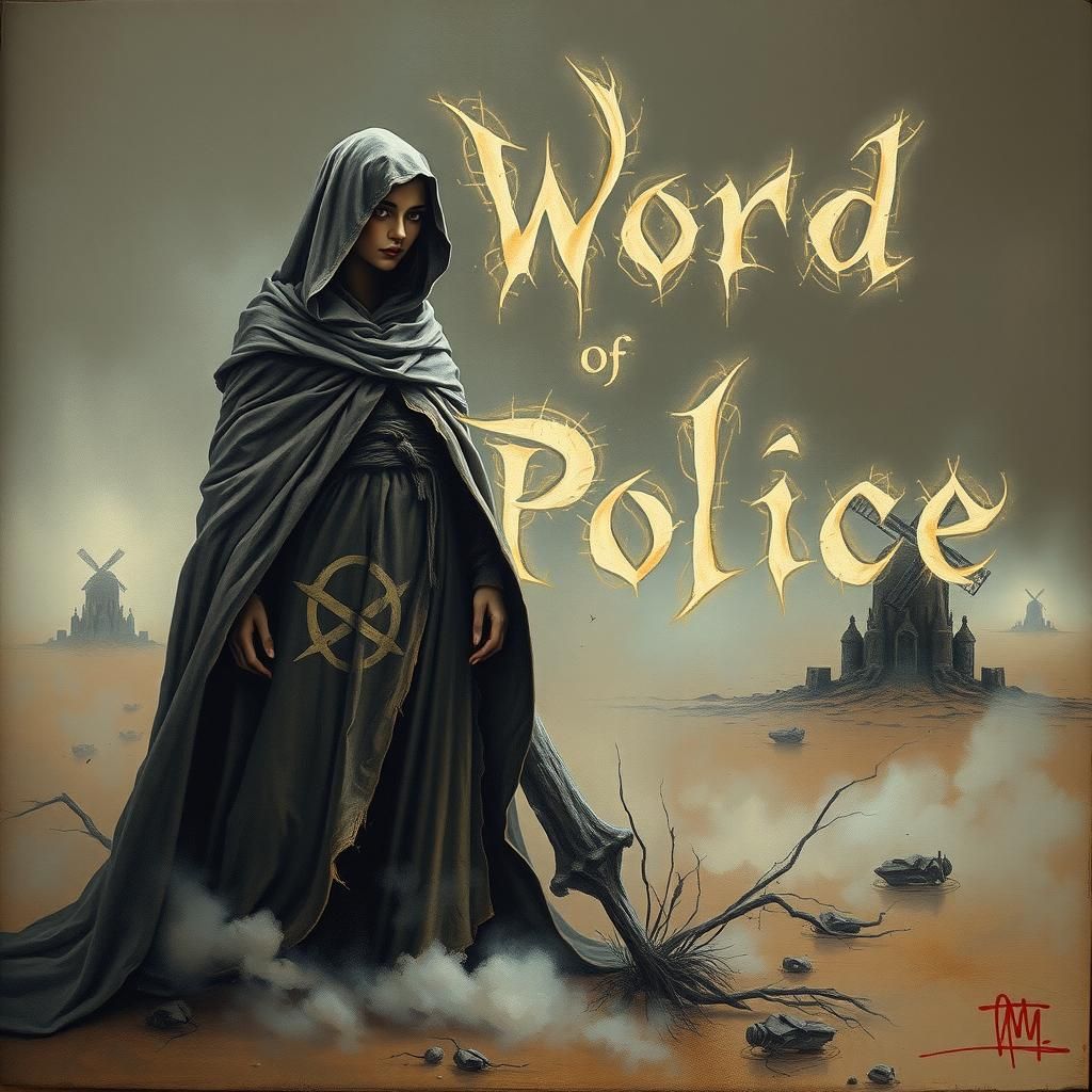 Dystopian Woman with Eerie Words in Surrealist Style