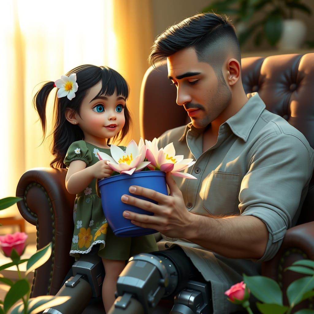 Little Girl Presents Water Lilies to Heroic Father in Warm S...