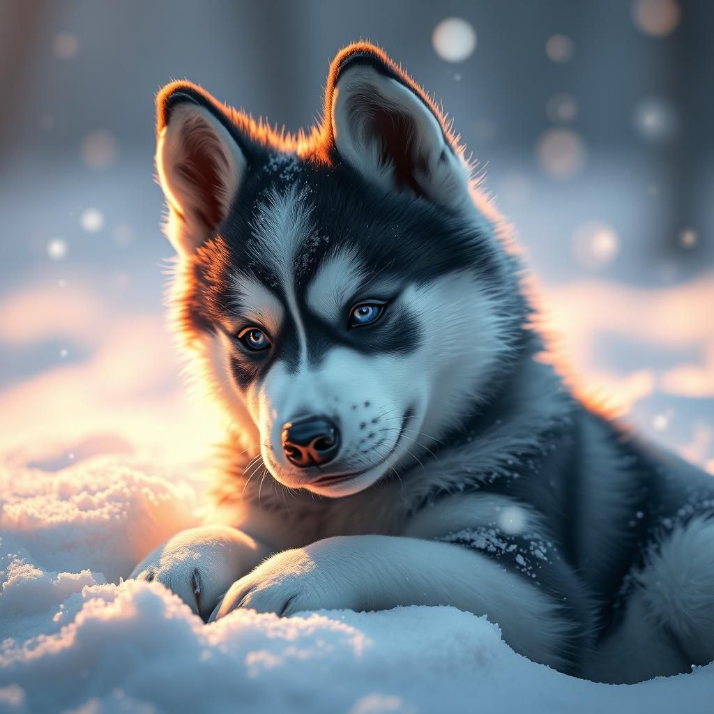 Husky Puppy in Snow: Detailed Fantasy Art