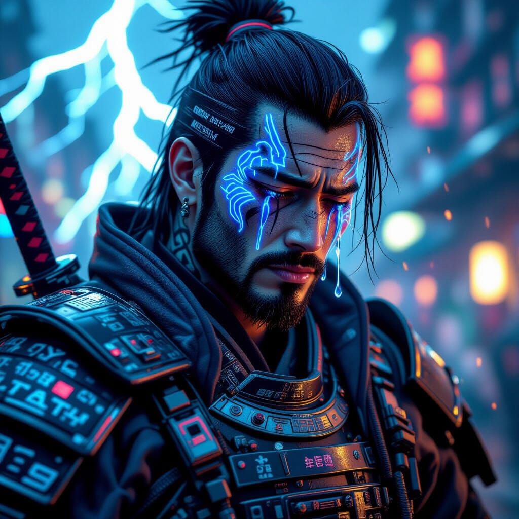Cyberpunk Samurai Sheds Tears in Digital Painting Style