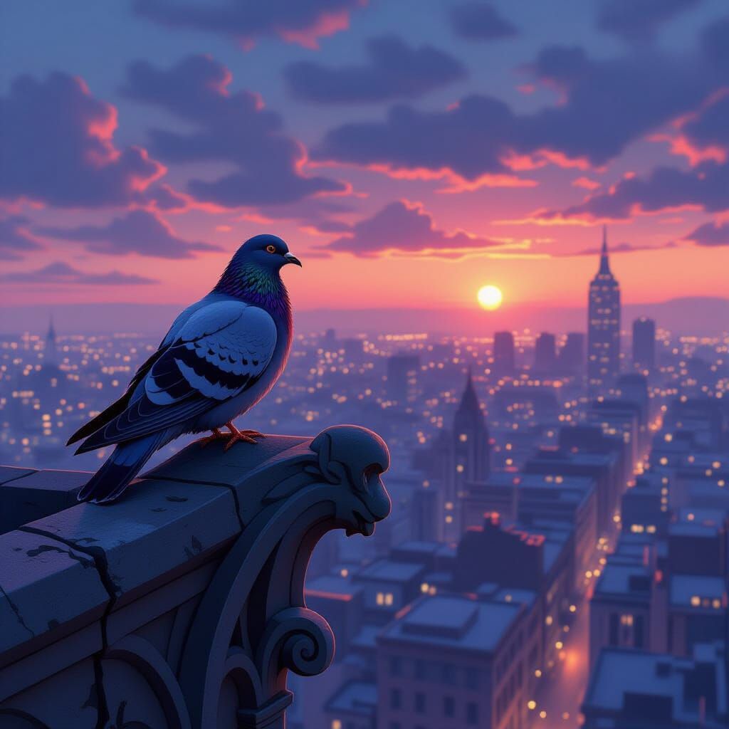 Pigeon on Gargoyle Overlooking Anime City Dusk