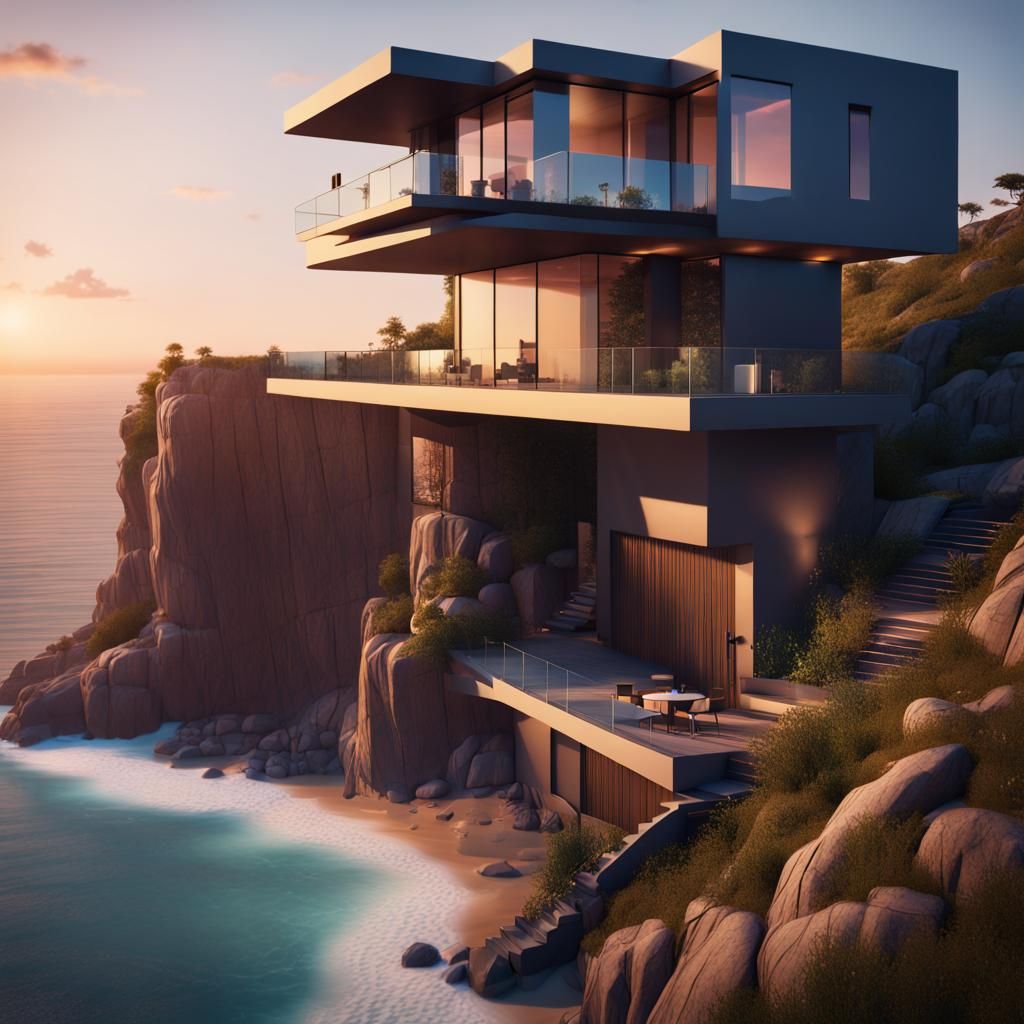 Cliffside Modern House at Sunset: Detailed Matte Painting