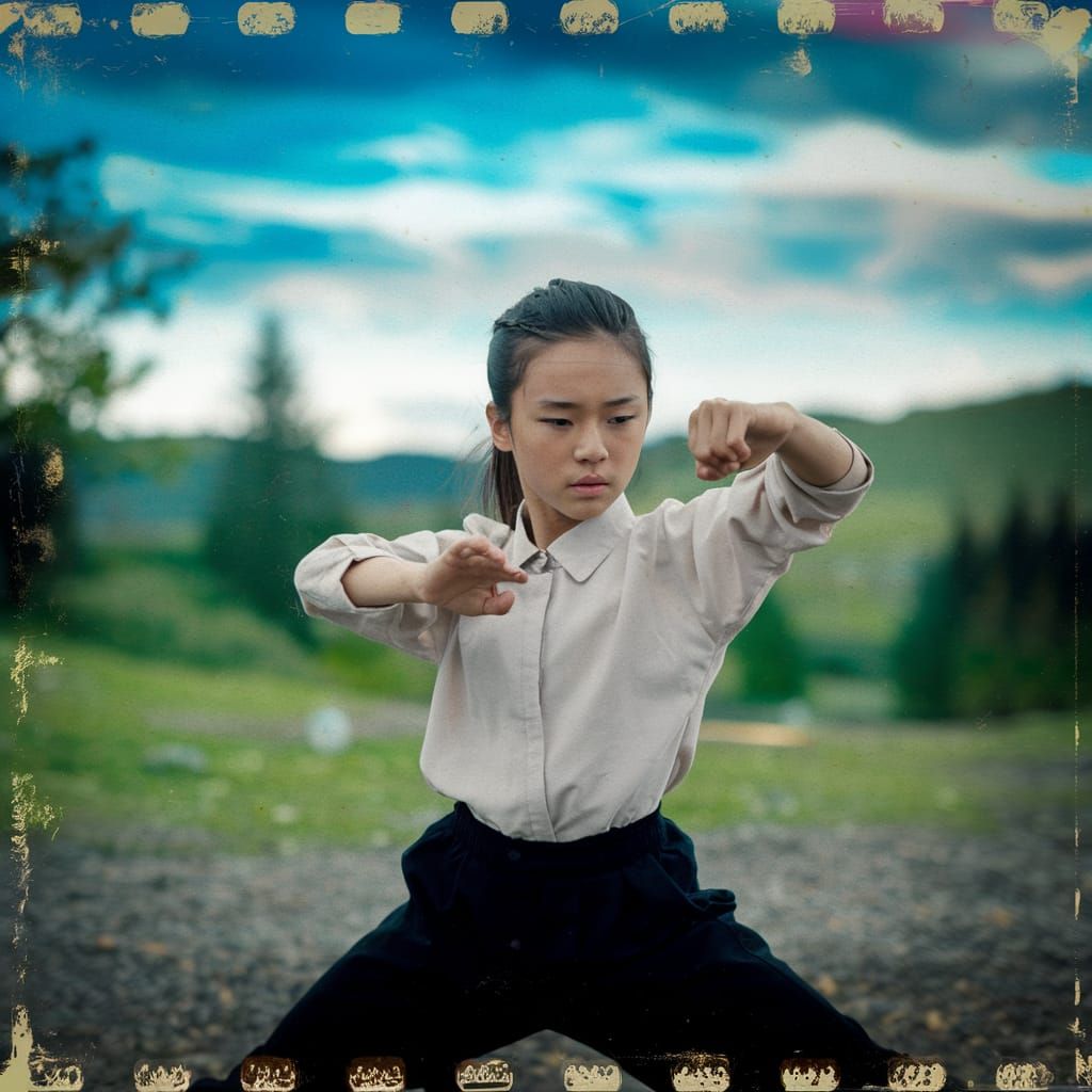 Girl Practicing Kung Fu in Serene Landscape