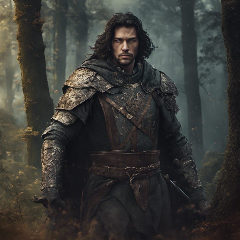 Templar Knight Portrait in Forest Battle, Fantasy Art