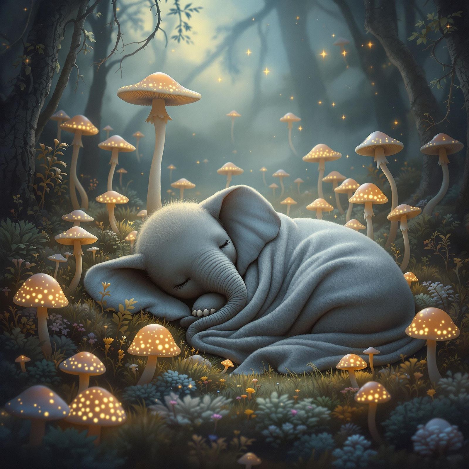 Dreamlike Baby Elephant in Glowing Mushroom Forest