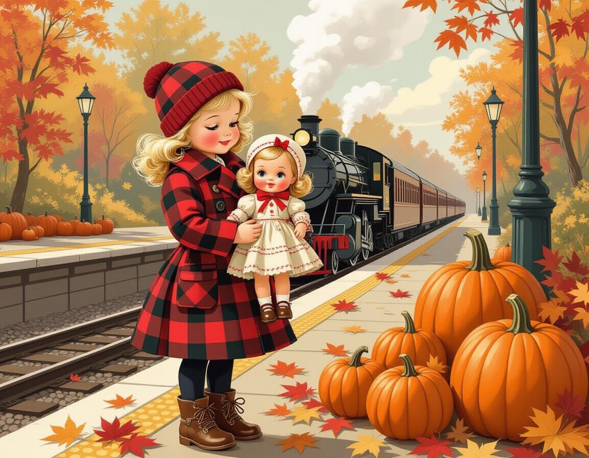 Autumn Girl at Train Station in Pin-Up Style