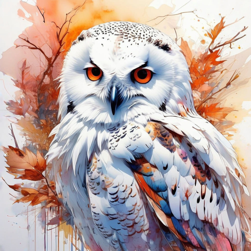 Ethereal Snow Owl in Vibrant Autumn Sunset, Digital Watercol...