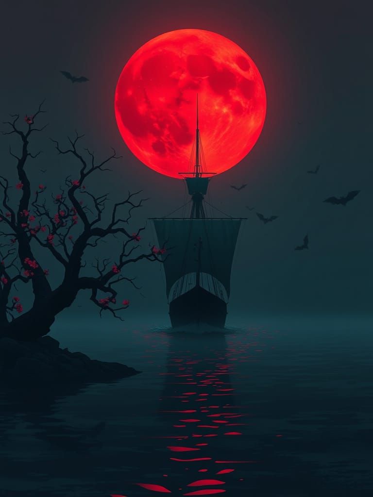 Viking Ship at Night Under Red Moon
