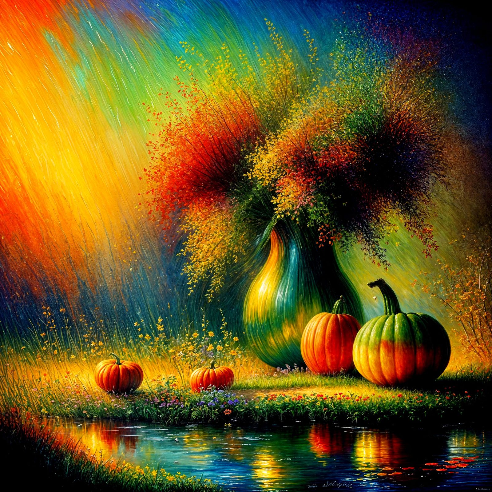 Gourds on Multicolored Leaves in Detailed Painting