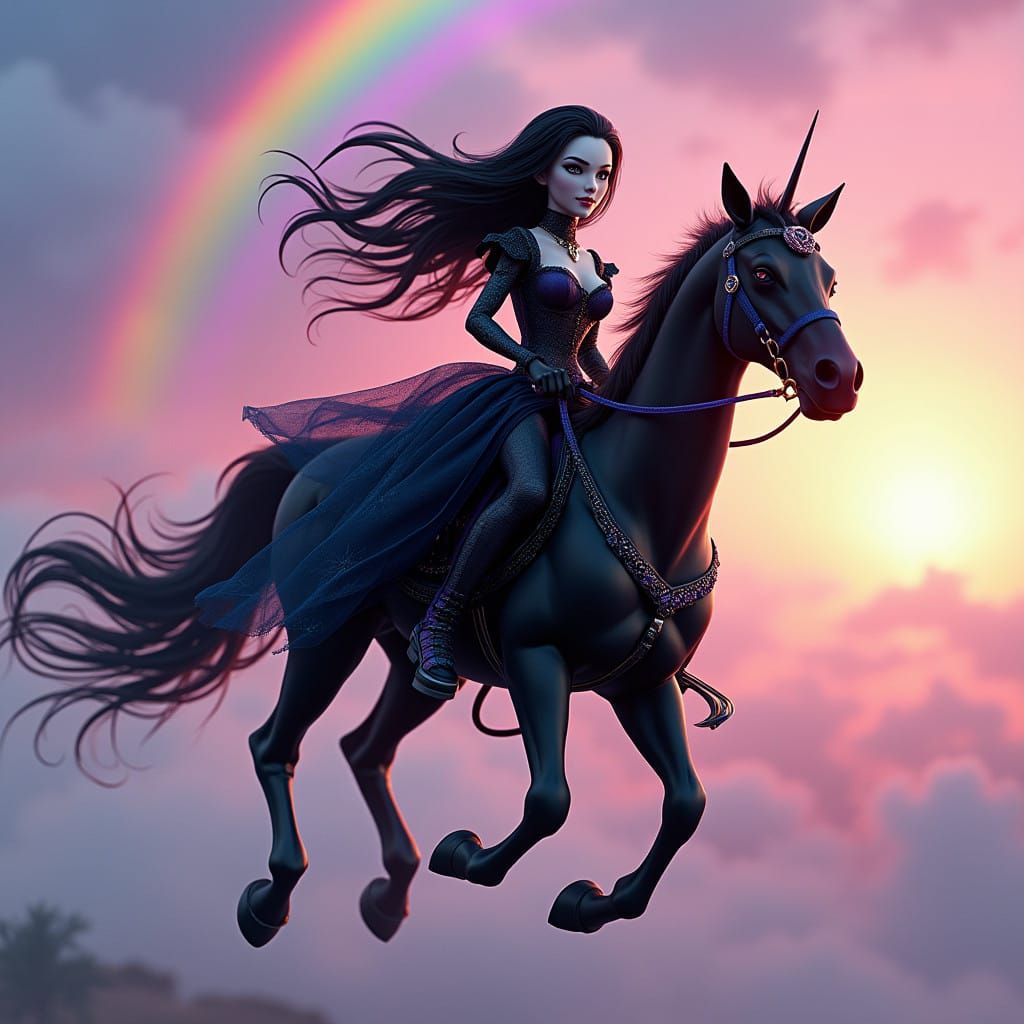 Emo Princess Rides a Black Pony on a Vibrant Rainbow
