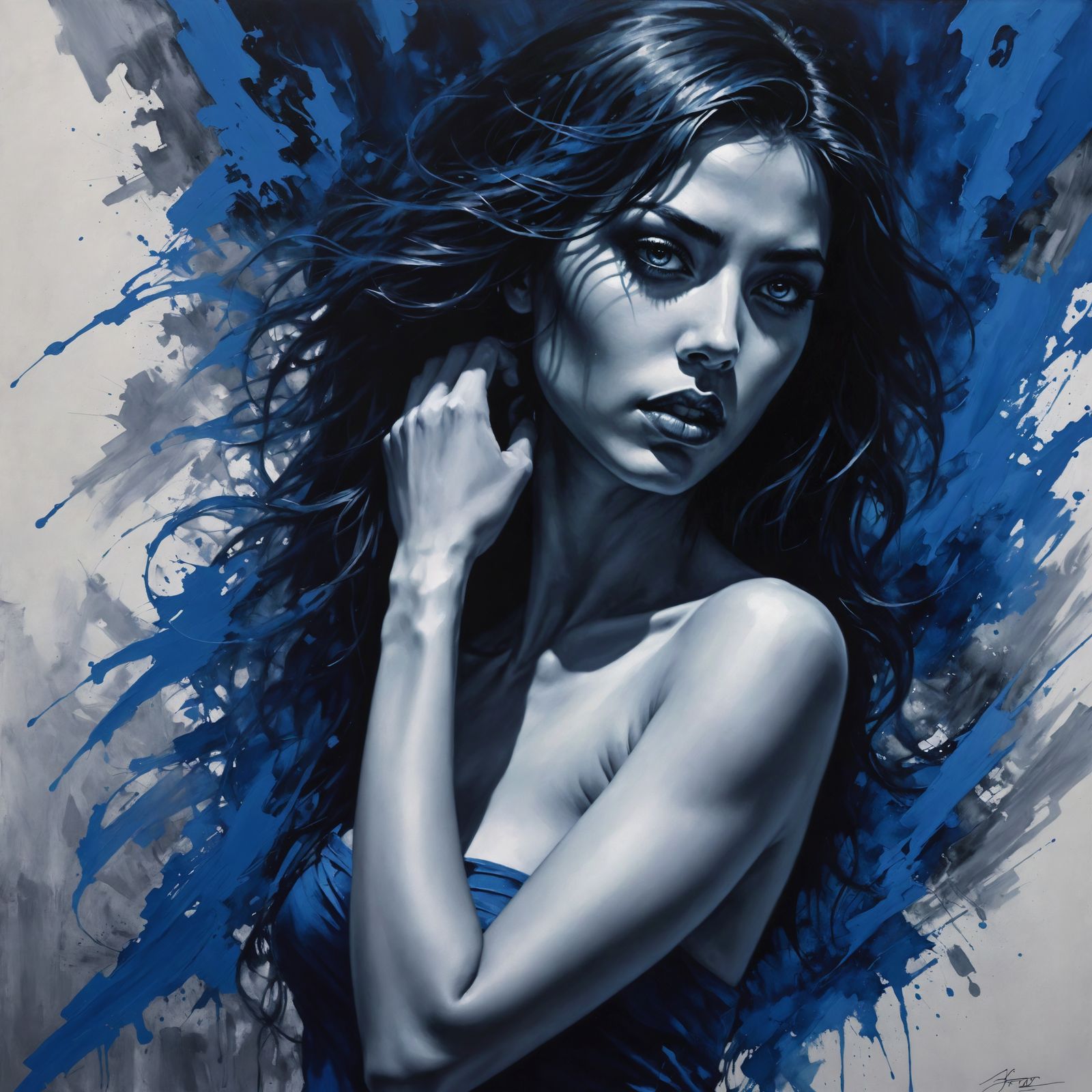 Monochrome Figure in Deep Blue Shades Painting
