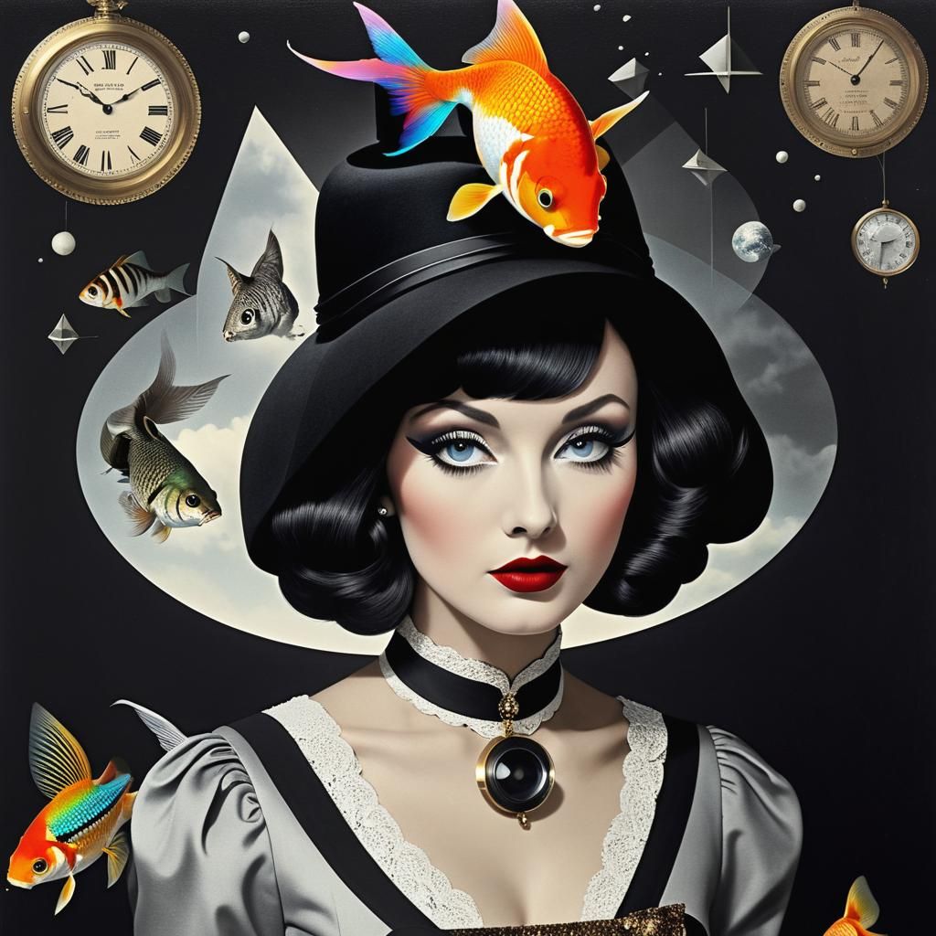 Psychedelic Steampunk Collage with Kitten and Goldfish