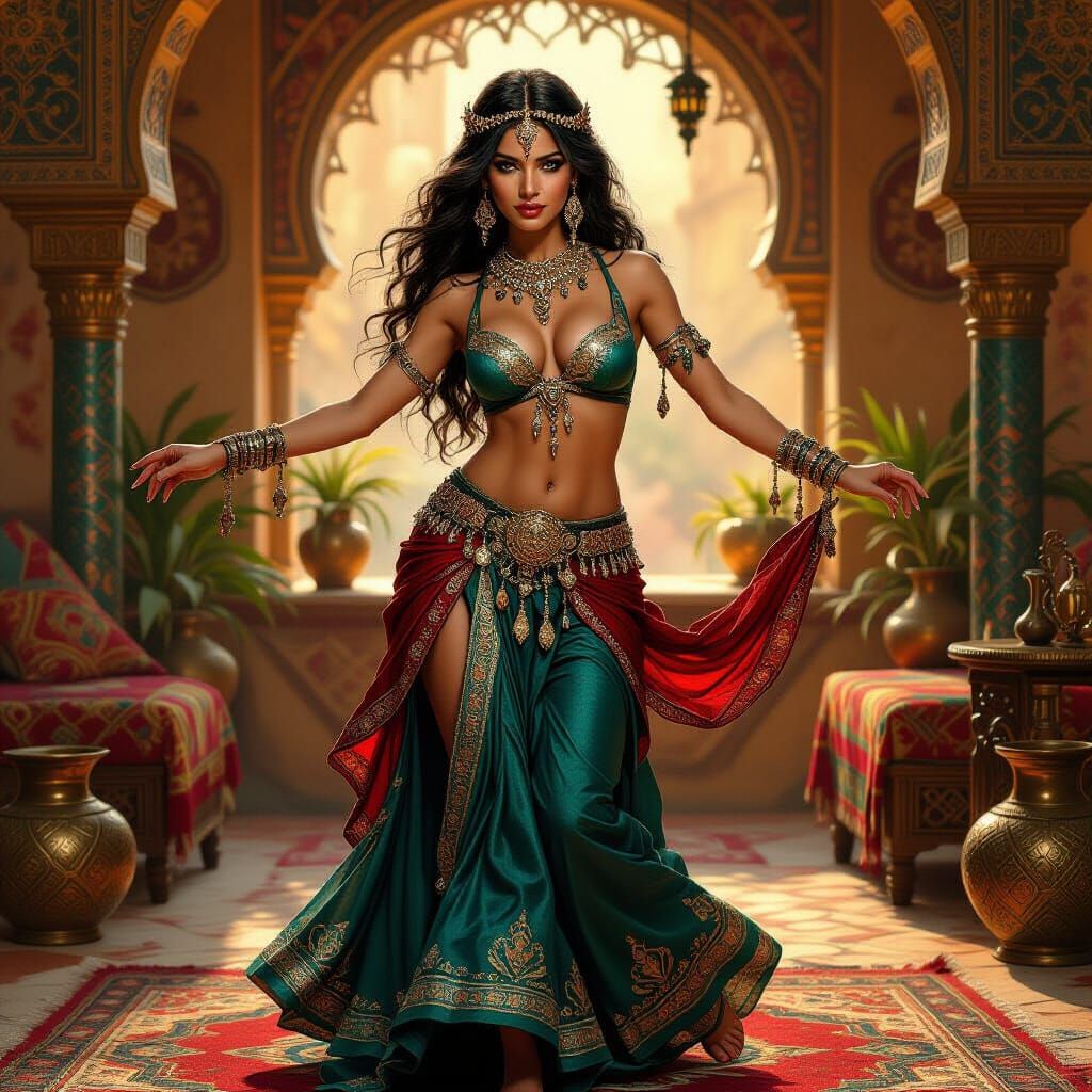 Tiefling Belly Dancer in Persian Tavern, Fantasy Oil Paintin...