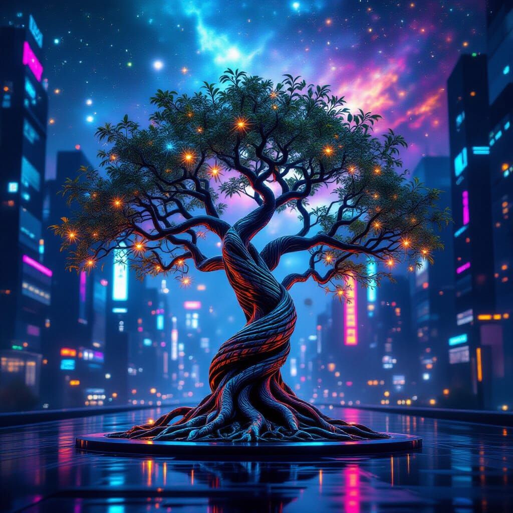 Hyperrealistic Tree of Life in Cyberpunk Cityscape