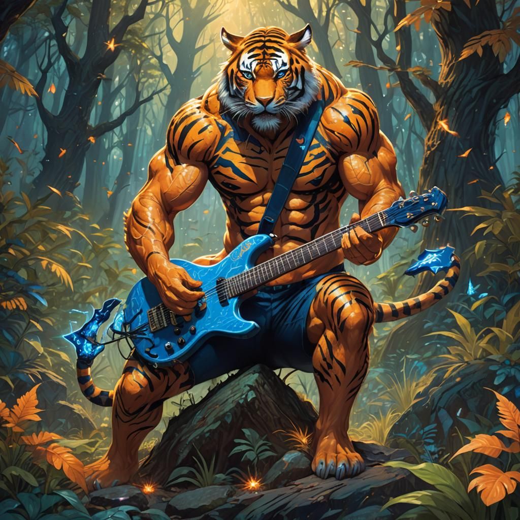 Tiger Man Shreds Guitar in Mystical Forest