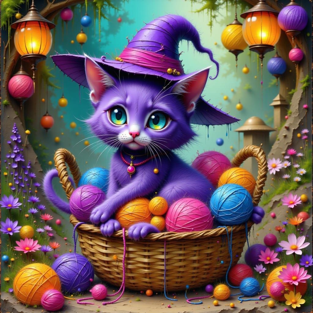 Whimsical Kitten in Witch Hat, Fantasy Illustration