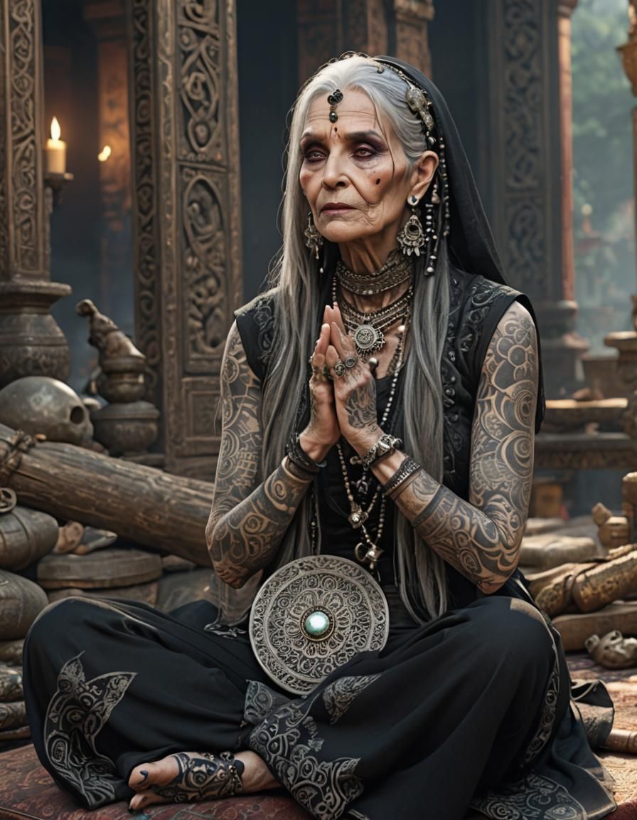 Gothic Tattooed Woman with Silver Jewelry, Detailed Matte Pa...