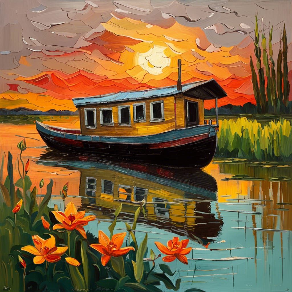 Houseboat in Marsh: Expressive Impasto Oil Painting
