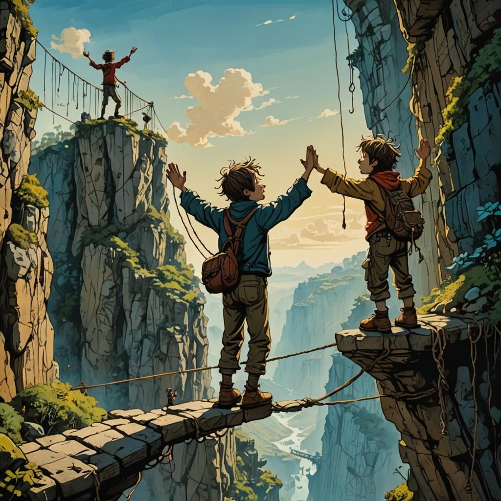 Victorious Boys on Rope Bridge in Art Brut Style