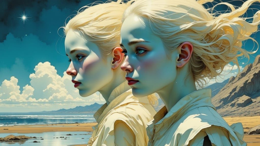 Ethereal Beings Portrait at Shore in Concept Art Style