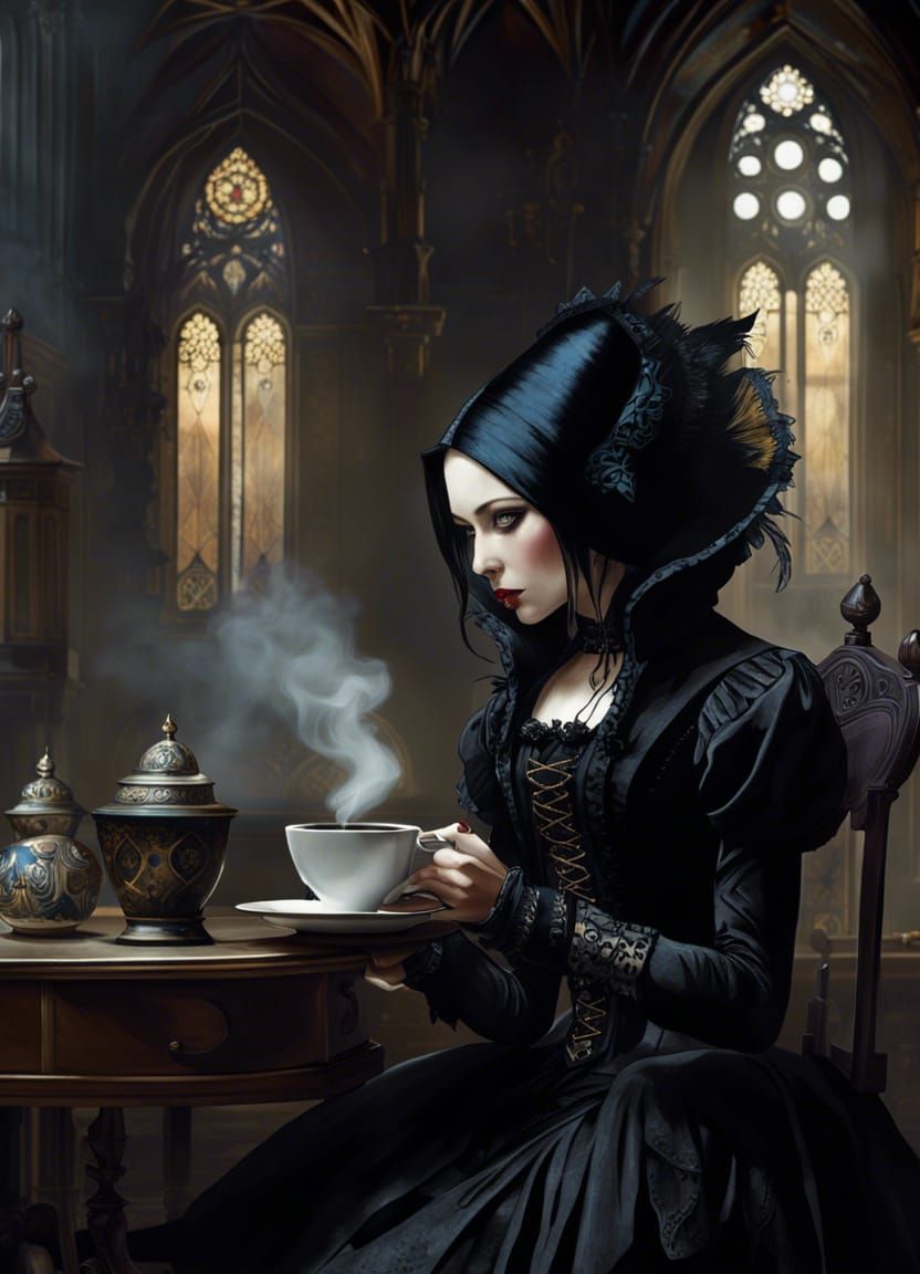 Gothic Girl's Coffee Break: Detailed Romanticist Image