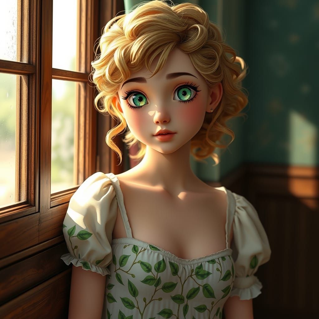 Cute Anime Girl Stands Beside Sunlit Window