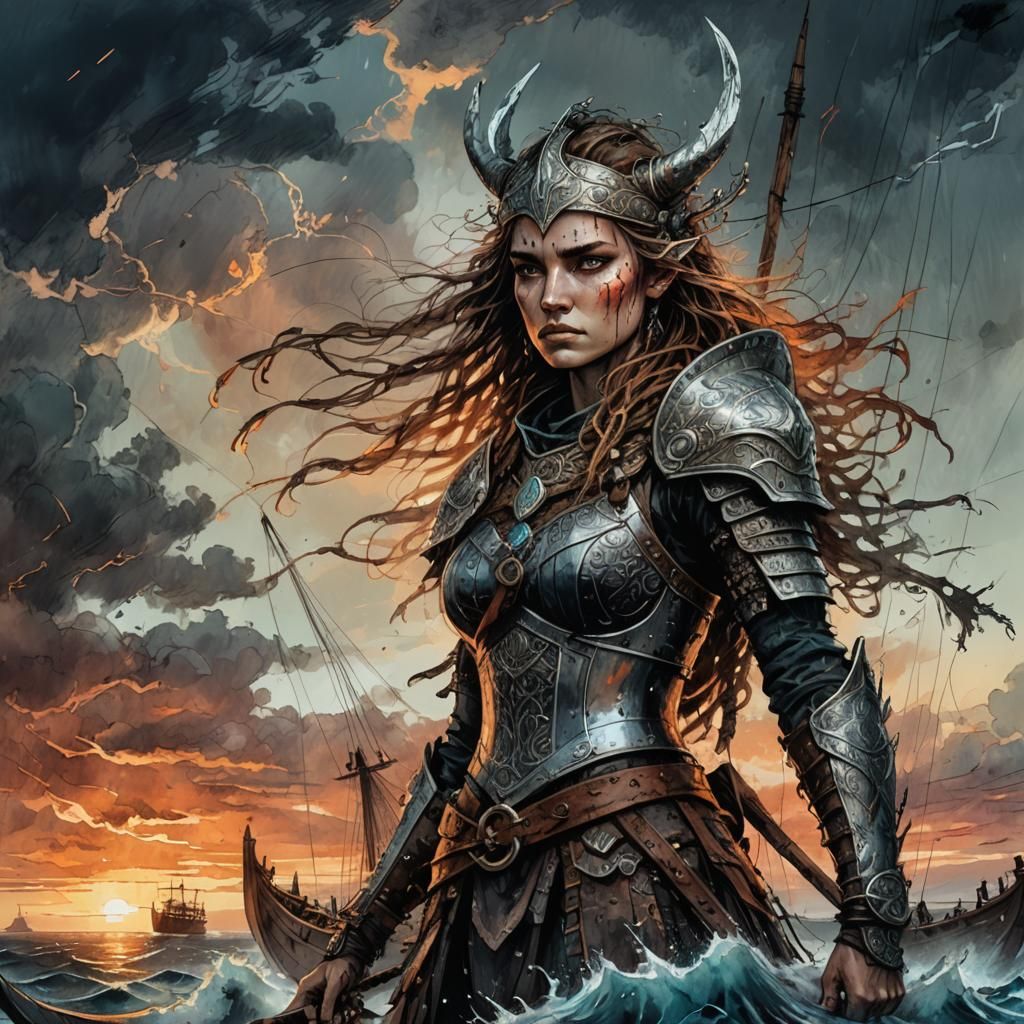 Viking Woman on Longship in Dark Fantasy Style