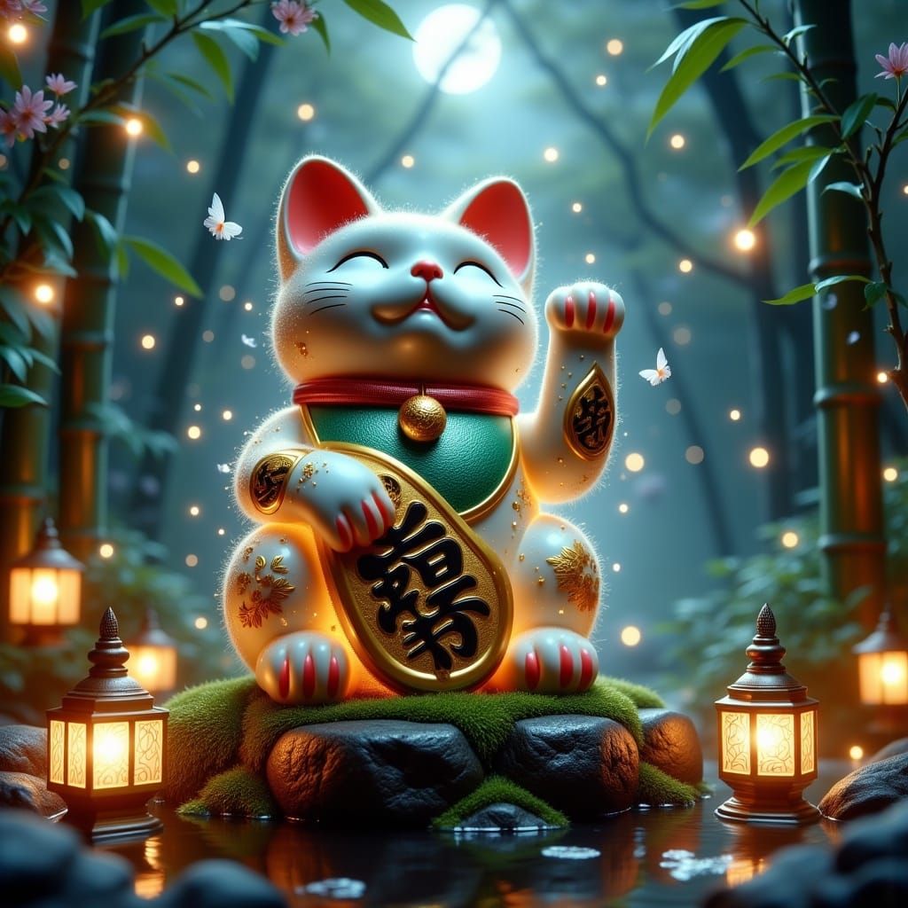 Luminescent Maneki-neko with Golden Kanji Symbols