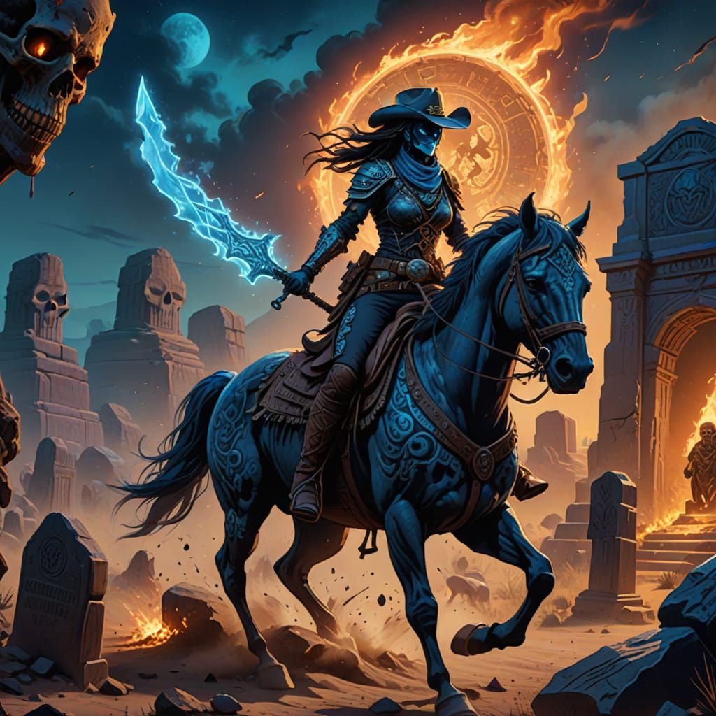 Warrior Cowgirl Rides Under Comet With Blue Ghost Flames