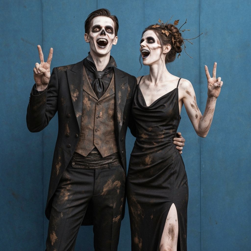 Ethereal Couple Poses Joyfully by Faded Blue Screen