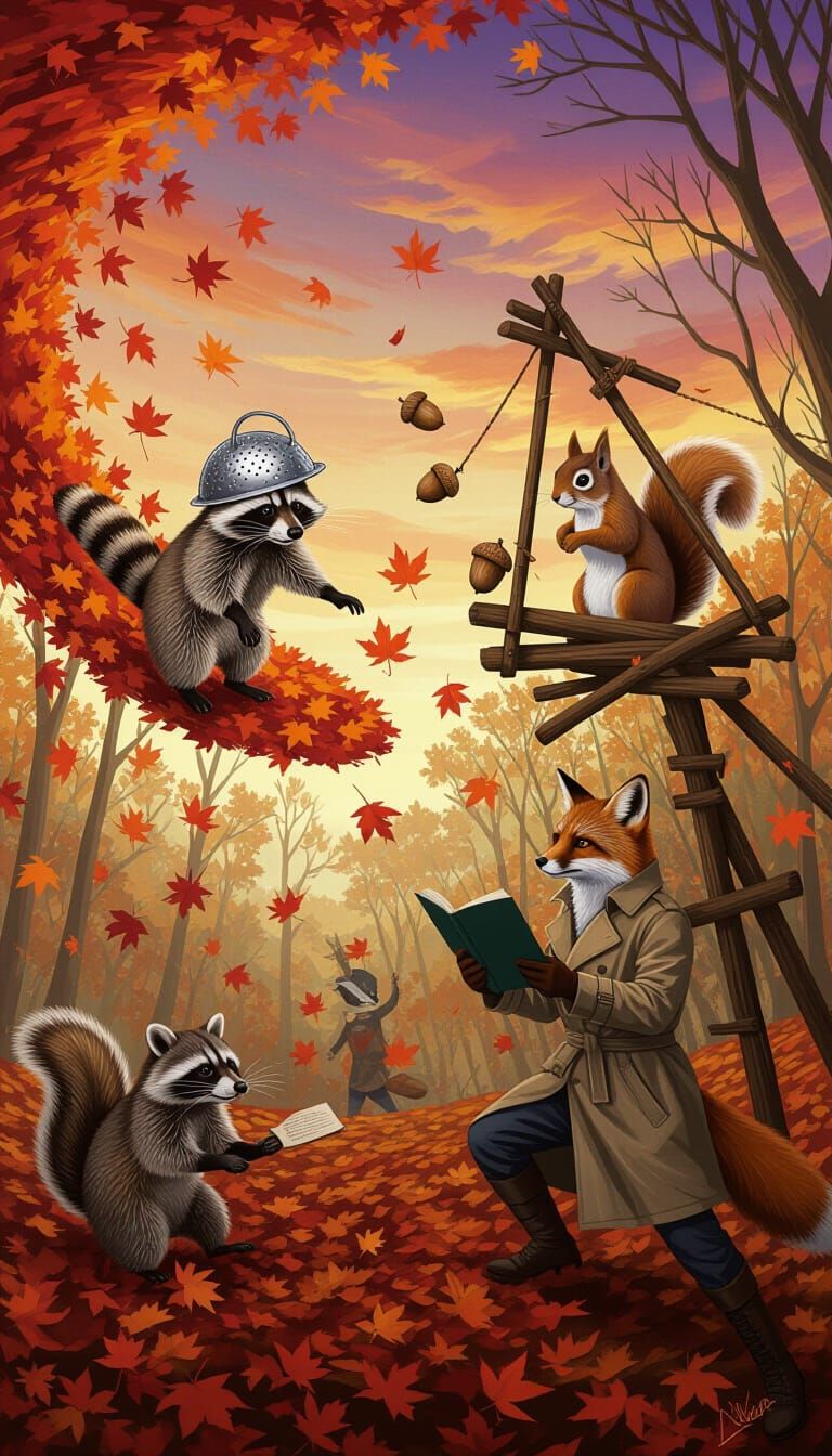 Surreal Autumn Riot: Animals in Leafstorm Chaos