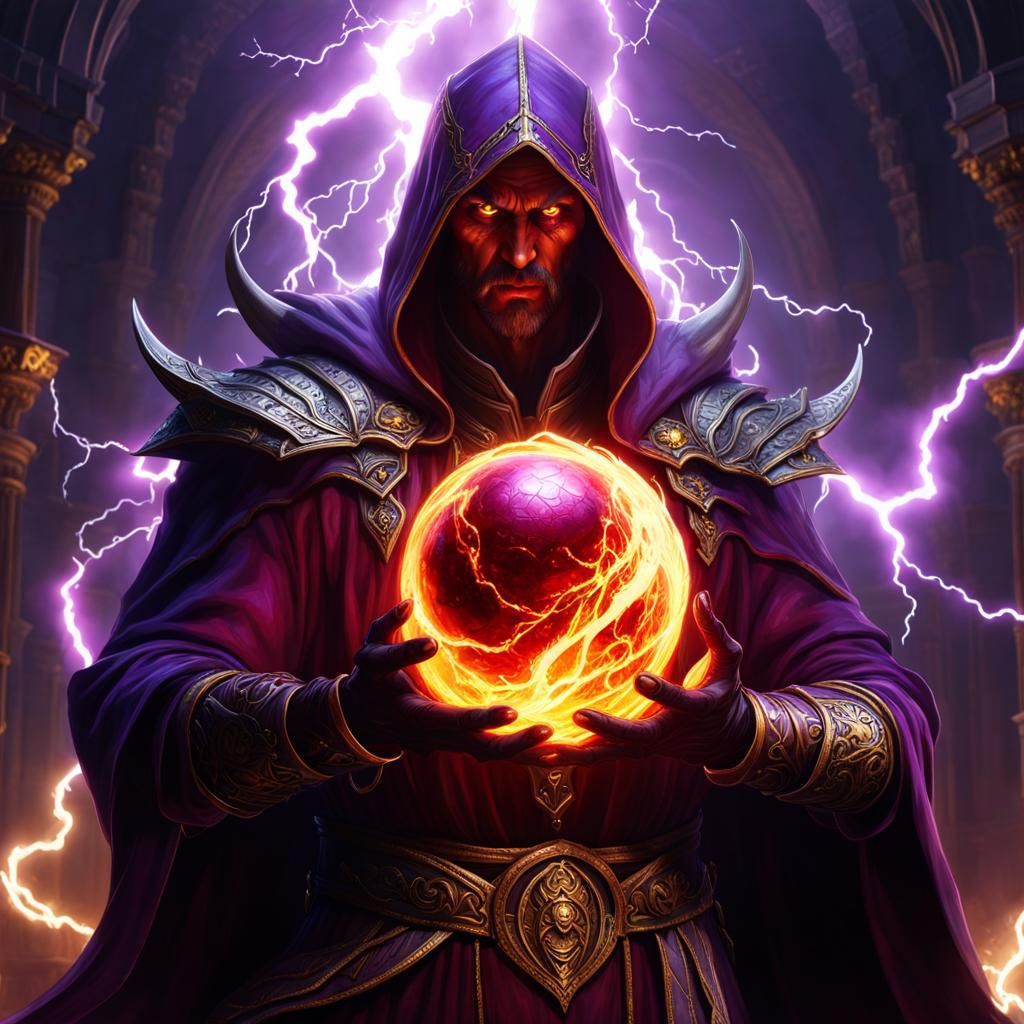 Blood-Soaked Demon Sorcerer with Lightning, Digital Art