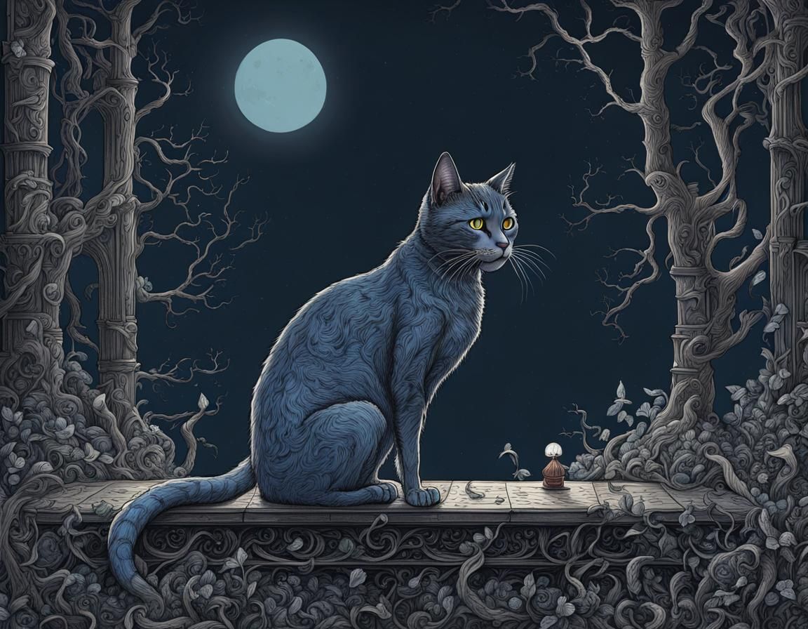 Eerie Cat in Edward Gorey Style Illustration