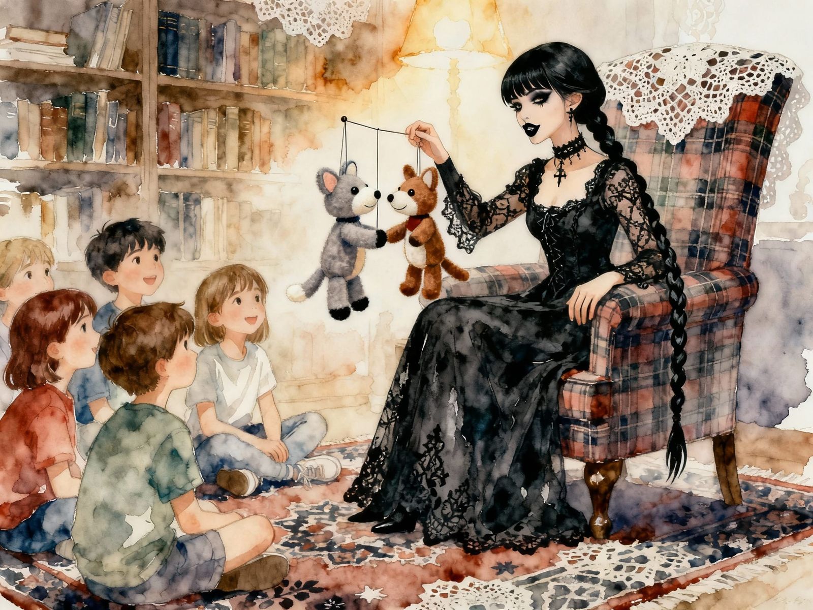 Goth Girl Creates Puppet Show in Library Watercolor Art