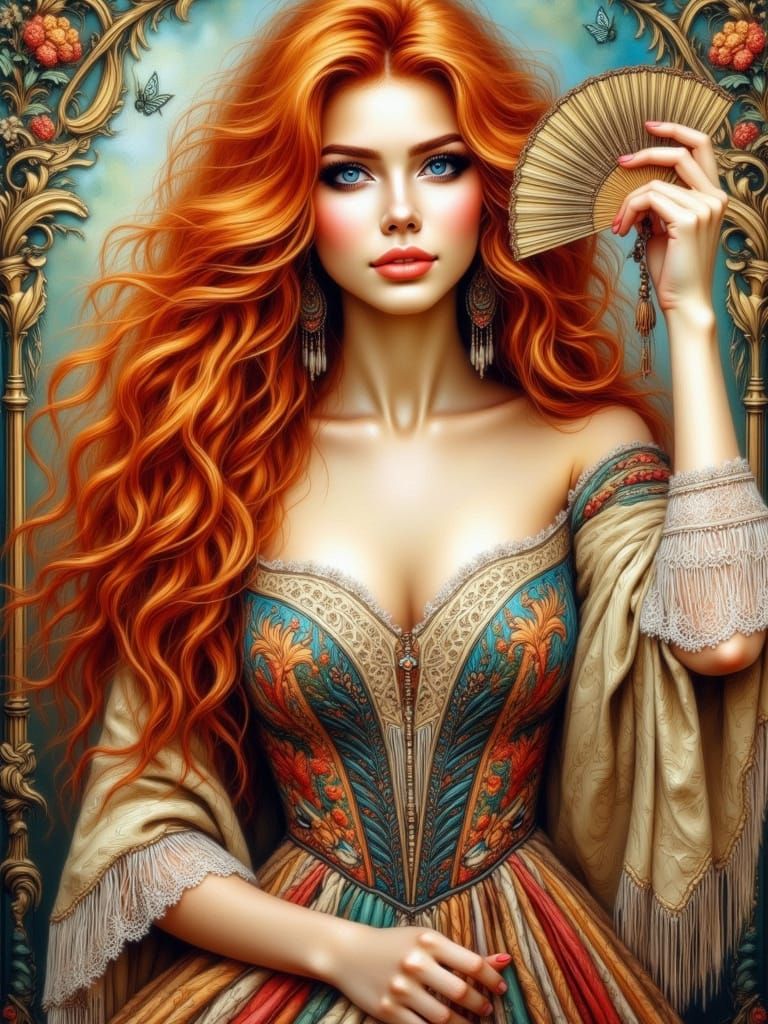 Art Nouveau Ginger Woman with Fan in Matte Painting