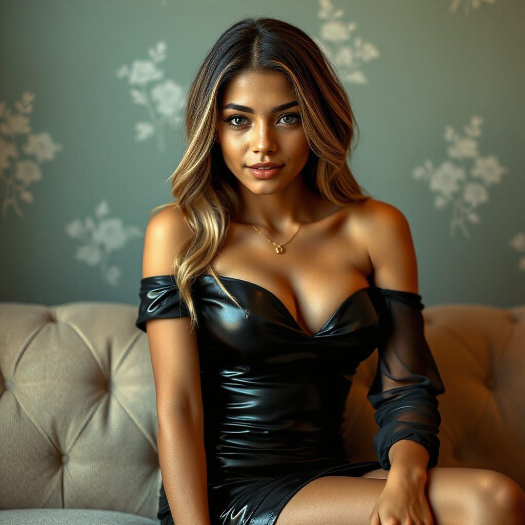 Photo-Realistic Portrait of a Dominican Woman on Sofa