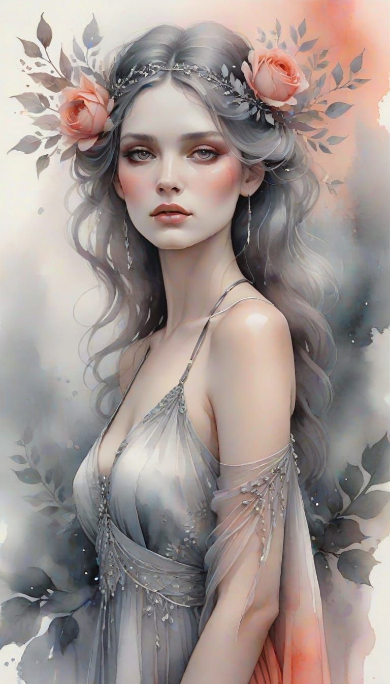 Ethereal Woman in Coral Dress on Gray-Rose Gradient