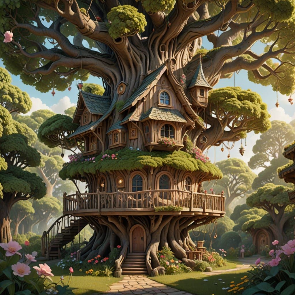 Whimsical Treehouse Concept Art in Vibrant Pastels