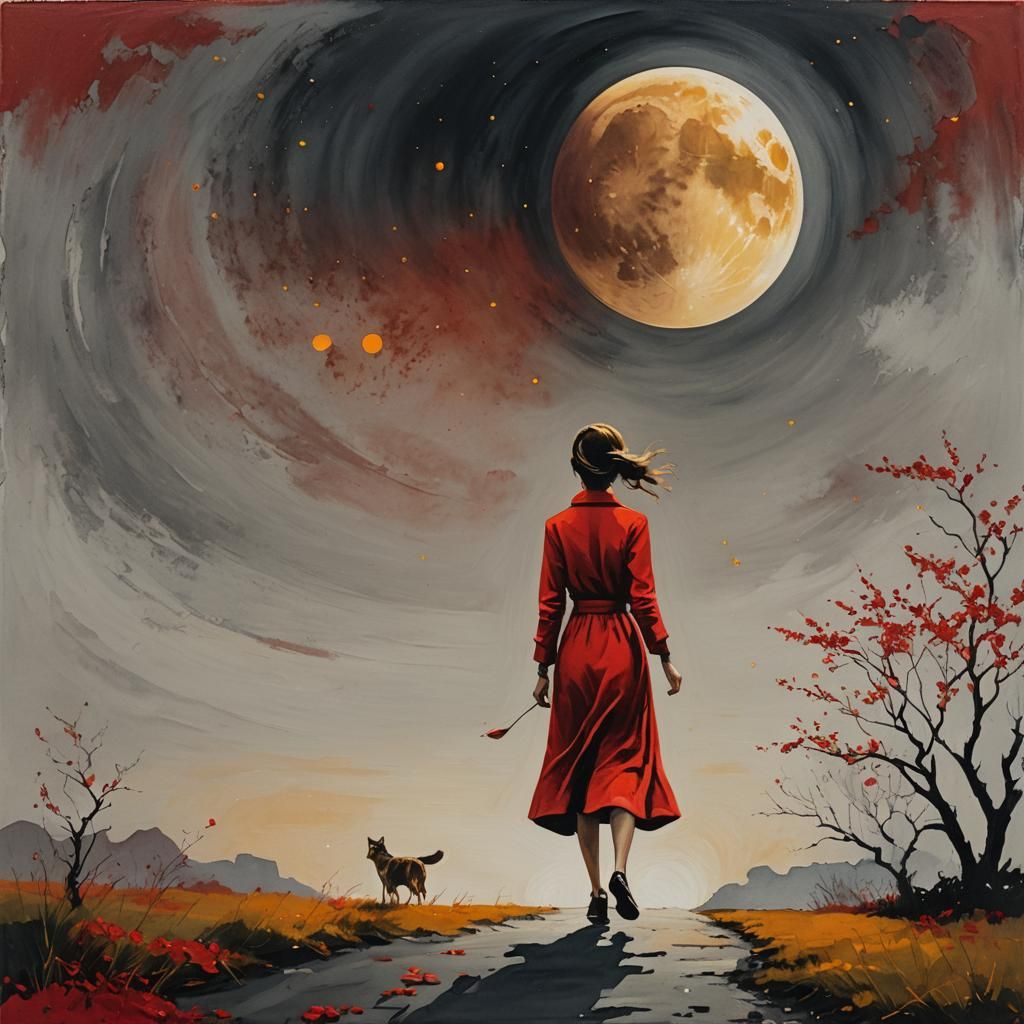 Figure Walks Toward Vibrant Red and Gold Moon