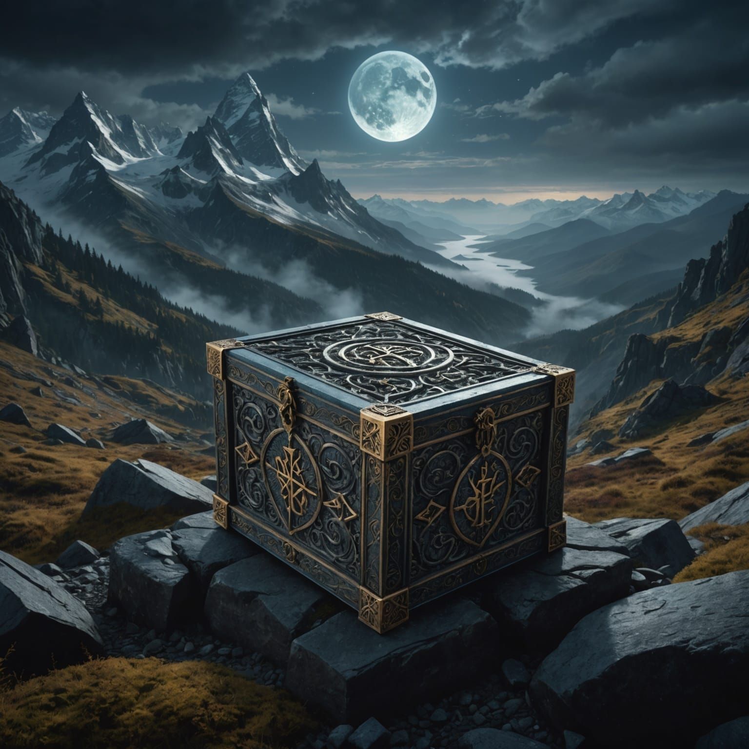 Shattered Runes Box in Dark Fantasy Landscape