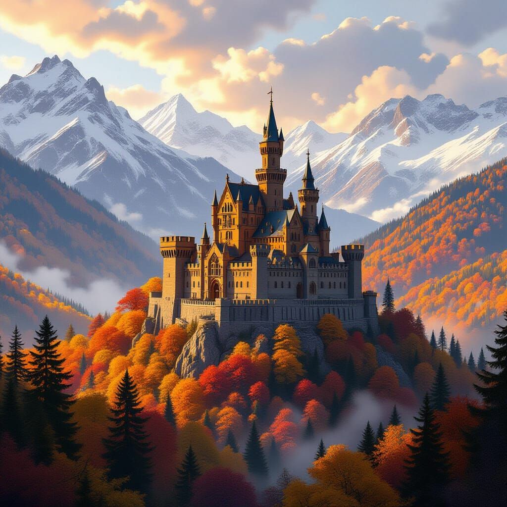 Autumn Valley Castle in Digital Matte Painting Style
