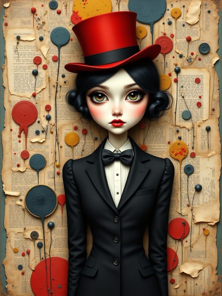 Woman in Suit with Red Hat on Collage Background