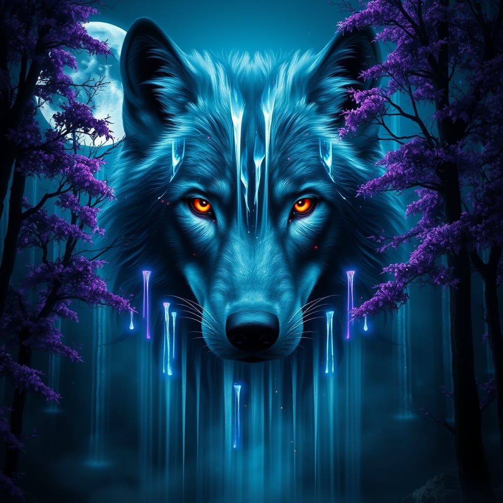 Majestic Wolf Merges With Glowing Waterfalls in Mystical For...