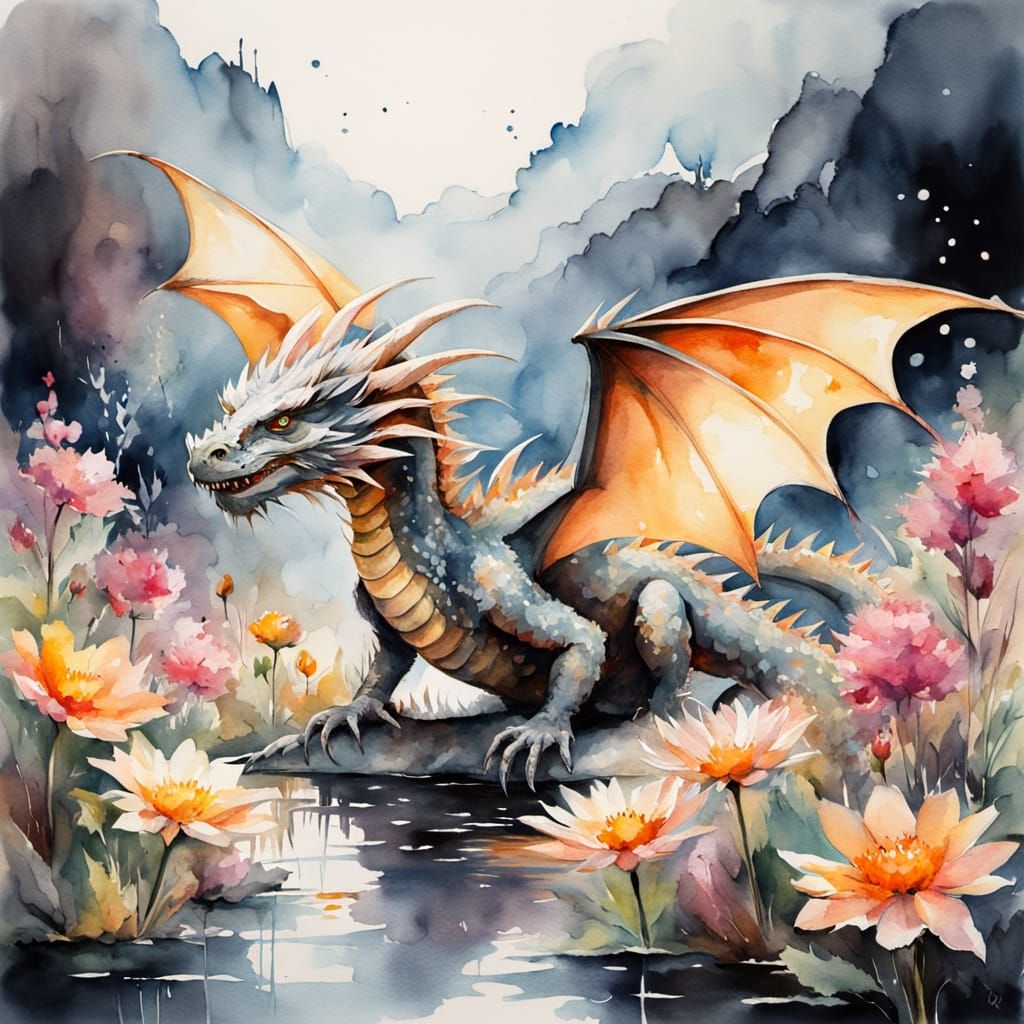 Dragon and Mouse Watercolor Painting with Wildflowers