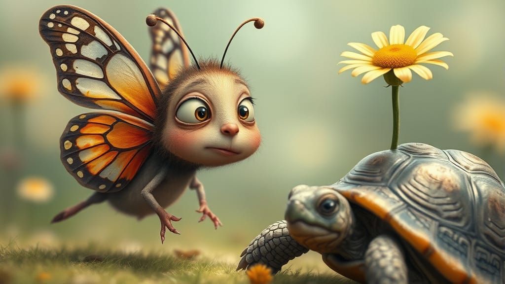 Confused Butterfly and Daisy Turtle in Dreamy Scene